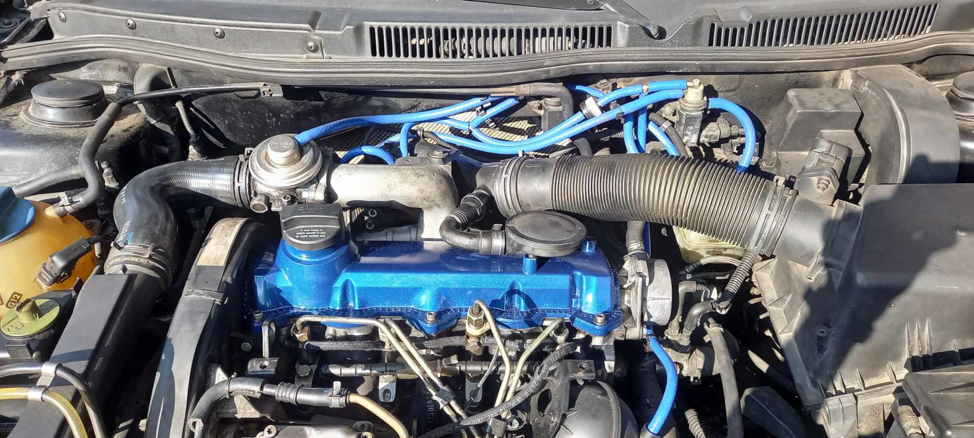 Golf IV widok na silnik z pomalowaną na niebiesko pokrywą głowicy